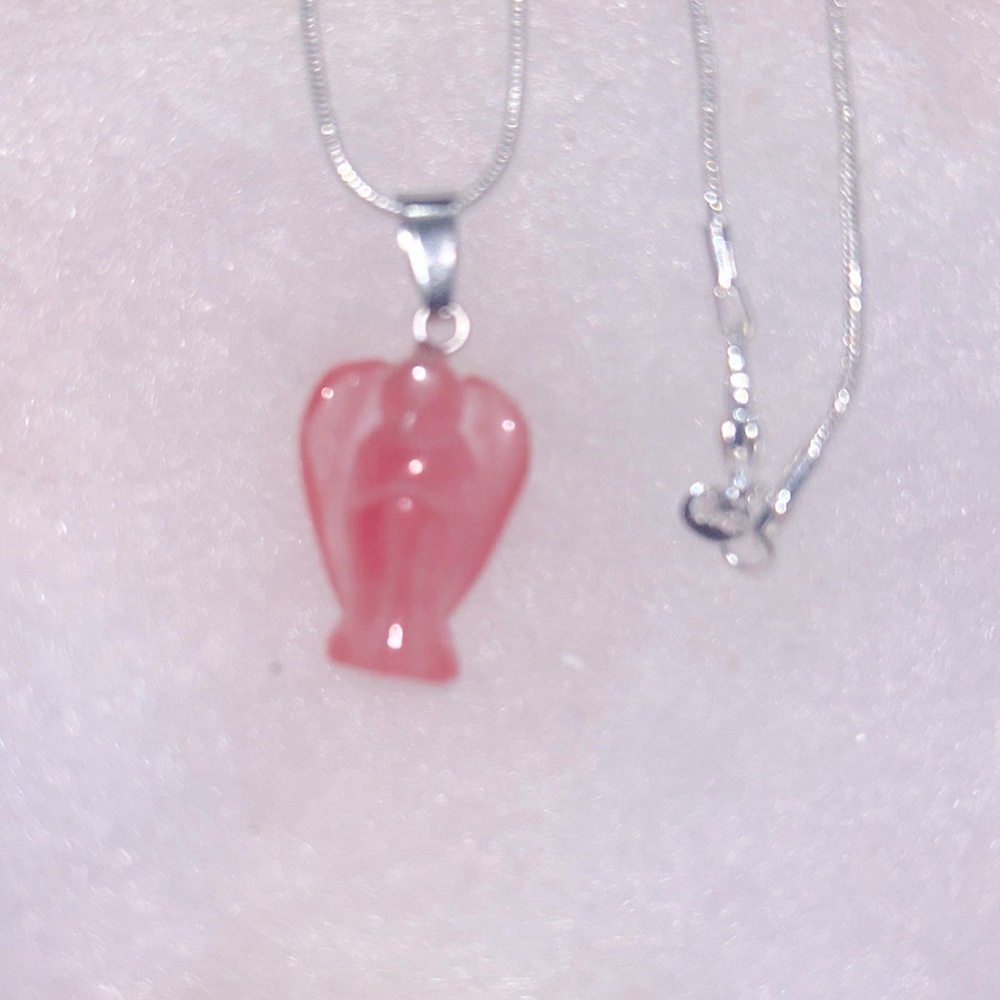 Boho Cherry Quartz Crystal Angel Sterling Silver Necklace 16”